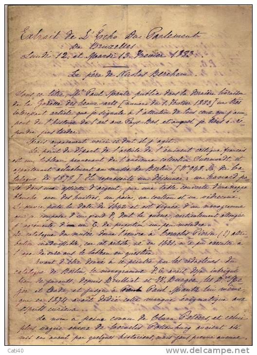 1883-BELGIQUE MANOSCRITTO DI 6 PAGINE ... L'ECHO DU PARLAMENT..... - Documentos Históricos