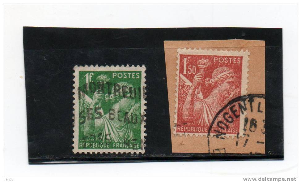 FRANCE   2 Timbrs 1 F Et 1,50f    A Nnée 1939-41   Y&T: 432 Et 435    (1 Timbre Sur Fragment Oblitérés) - 1939-44 Iris