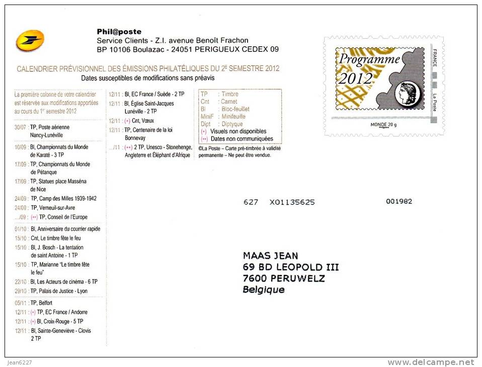 2  PAP - Carte Postale - Programme Philatélique 2012 - 1e Semestre Et 2e Semestre - Pseudo-entiers Officiels