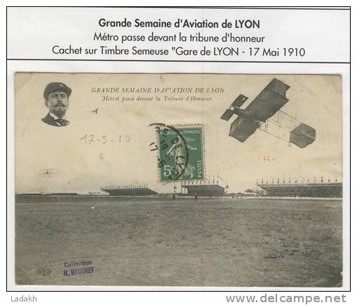 CARTE POSTALE #   SEMAINE AVIATION LYON # 1910 #   PILOTE METRO #  VOL DEVANT TRIBUNES HONNEURS - Meetings