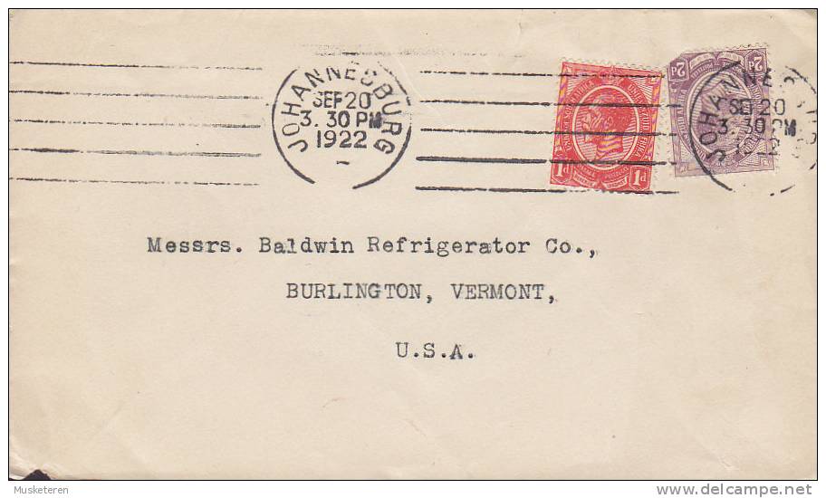 South Africa TMS Cancel JOHANNESBURG 1922 Cover Brief To BURLINGTON Vermont United States USA - Storia Postale