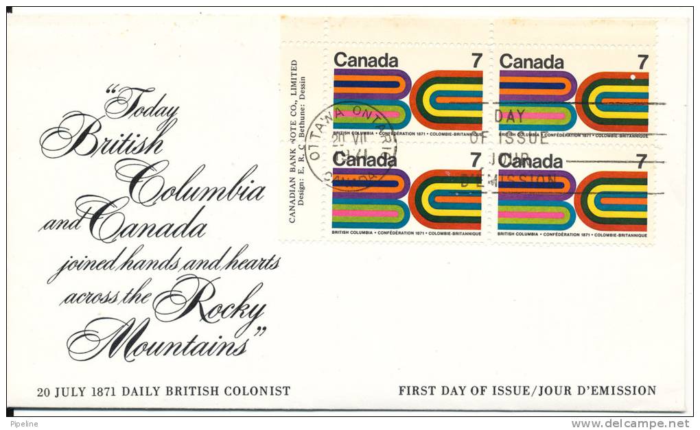 Canada FDC 20-7-1971 In Block Of 4 British Columbia Centennial With Cachet - 1971-1980