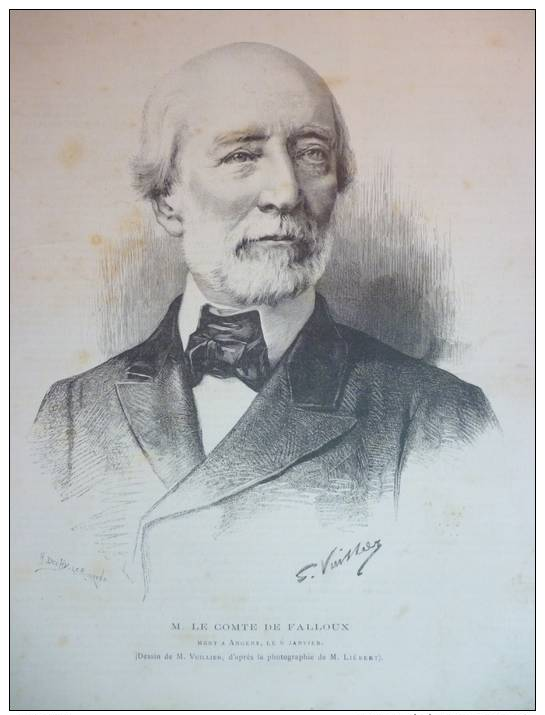 Le Comte De Falloux Mort A Angers Le 6 Janvier 1886 , Gravure De Dochy Dessin De Vuillier 1890 - Documents Historiques