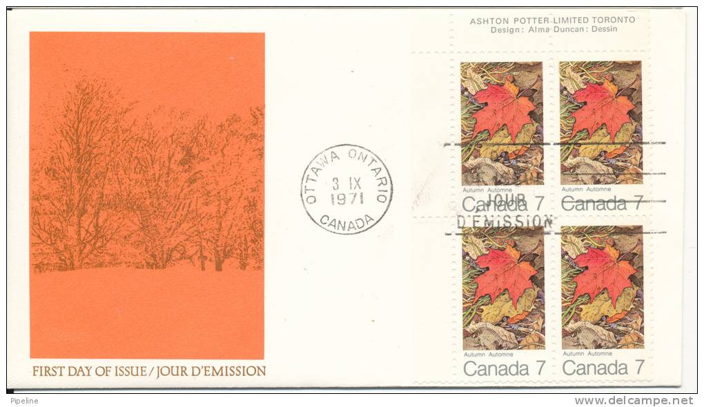 Canada FDC 3-9-1971 In Block Of 4 Four Seasons AUTUM With Cachet - 1971-1980