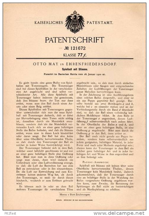 Original Patentschrift - Otto May In Ehrenfriedersdorf , 1900 , Spielball Mit Stimmen , Spielzeug , Ball  !!! - Antikspielzeug