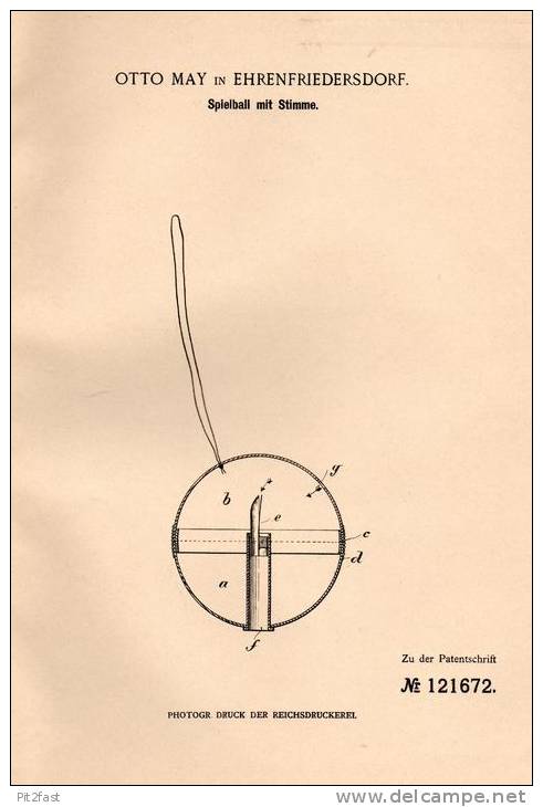 Original Patentschrift - Otto May In Ehrenfriedersdorf , 1900 , Spielball Mit Stimmen , Spielzeug , Ball  !!! - Antikspielzeug