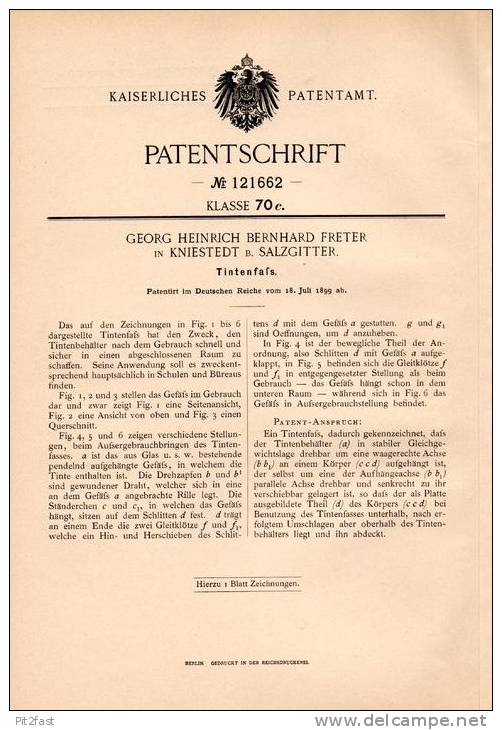 Original Patentschrift - G. Freter In Kniestedt B. Salzgitter , 1899 , Tintenfass , Tinte , Tintenfaß !!! - Calamai