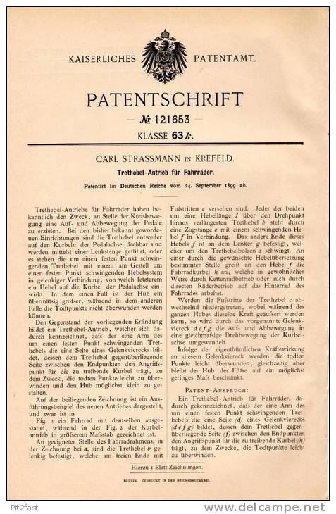 Original Patentschrift - Carl Strassmann In Krefeld , 1899 , Fahrrad - Trethebelantrieb , Fahrräder !!! - Historische Dokumente