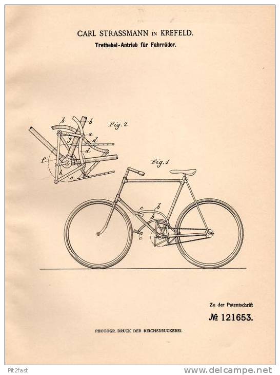 Original Patentschrift - Carl Strassmann In Krefeld , 1899 , Fahrrad - Trethebelantrieb , Fahrräder !!! - Historische Dokumente