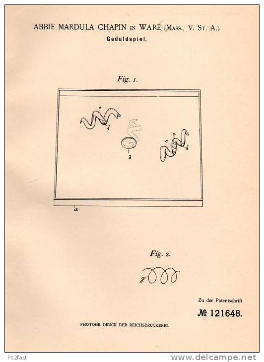 Original Patentschrift - A. Chapin In Ware , Massachusetts , USA , 1900 , Geduld - Spiel , Spielzeug !!! - Oud Speelgoed