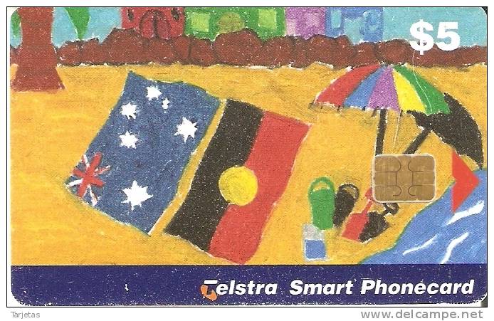 TARJETA DE AUSTRALIA DE $5 DIBUJO TOALLAS BANDERAS (TELSTRA) - Australia