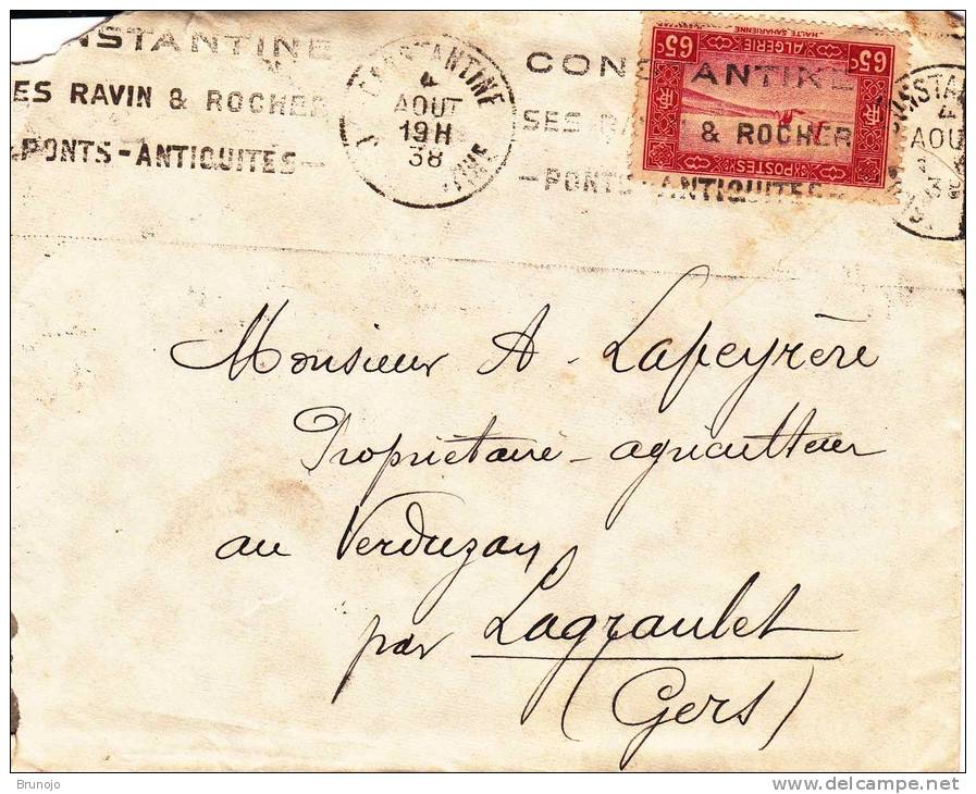 MARCOPHILIE - Enveloppe - Algérie, 1938 - "Constantine, Ses Ravin & Rocher, Ponts, Antiquités" - Covers & Documents