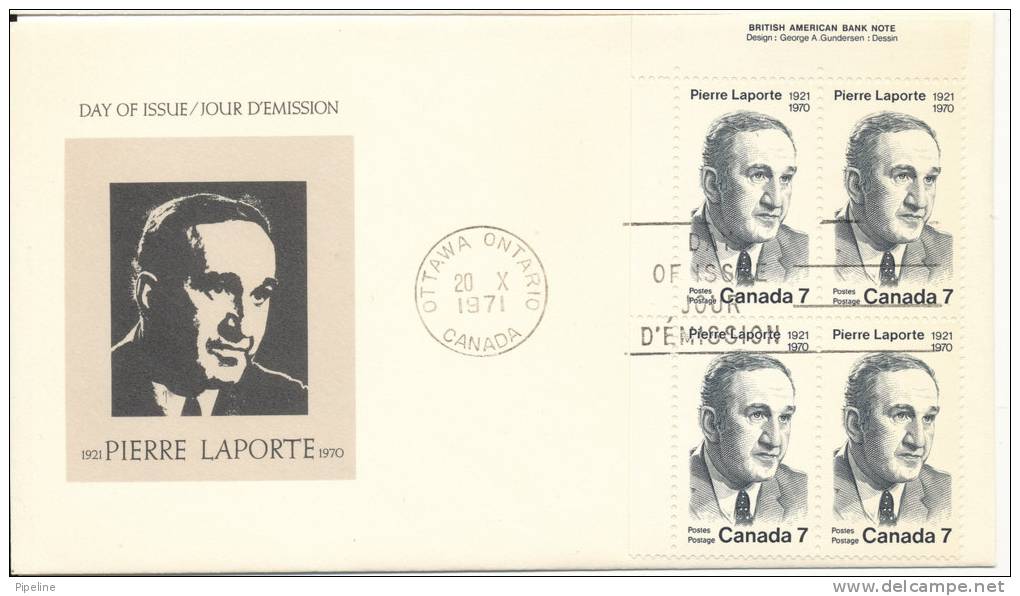 Canada FDC 20-10-1971in Block Of 4 Pierre Laporte 1921 - 1971 With Cachet - 1971-1980