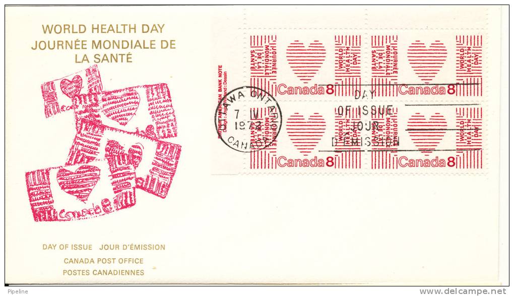 Canada FDC 7-4-1972 In Block Of 4 WORLD HEALTH DAY With Cachet - 1971-1980