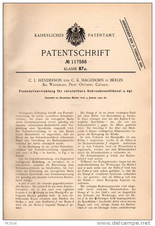 Original Patentschrift - C. Henderson Und C. Hagedorn In Berlin , Waterloo , Canada ,1900, Schraubenschlüssel , Werkzeug - Antike Werkzeuge