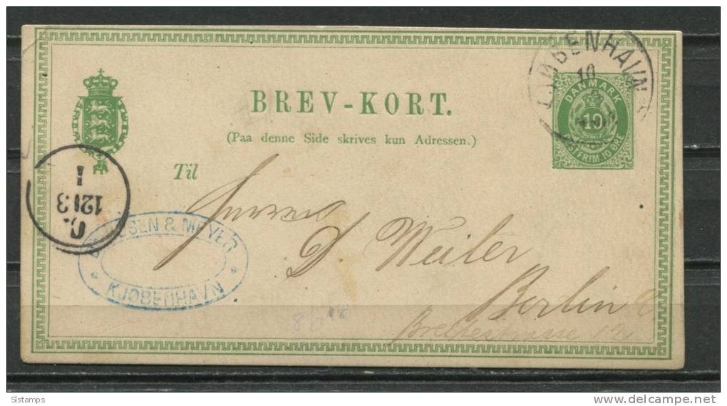 Denmark 1875-9 Postal Stationary Card  To Berlin 10 Ore - Interi Postali