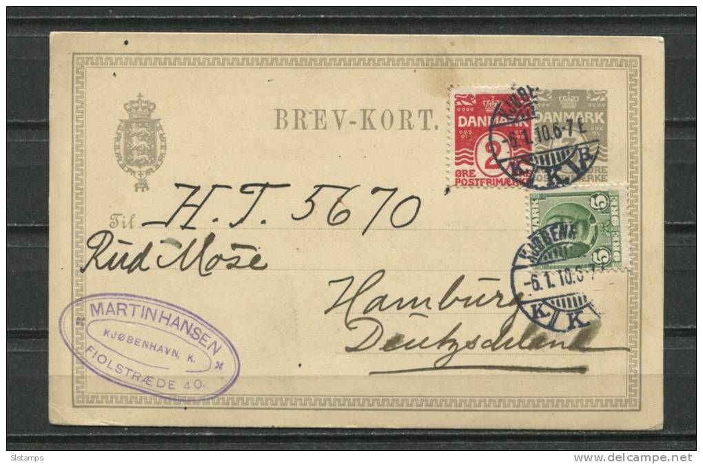 Denmark 1910 Upgrated Postal Stationary Card Used  To Hamburg Germany - Postal Stationery