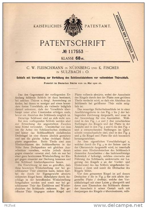 Original Patentschrift - C.W. Fleischmann Und K. Fischer In Sulzbach I. Oberpfalz , 1900 , Schloß Für Tür , Türschloss ! - Historische Dokumente