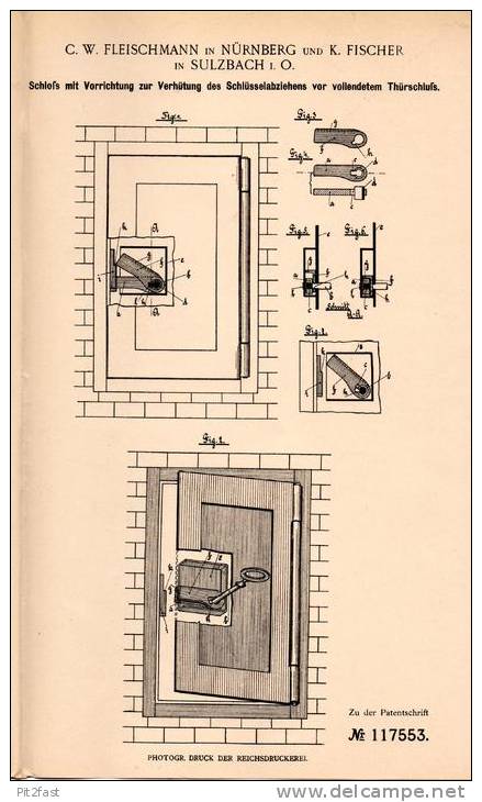 Original Patentschrift - C.W. Fleischmann Und K. Fischer In Sulzbach I. Oberpfalz , 1900 , Schloß Für Tür , Türschloss ! - Historische Dokumente