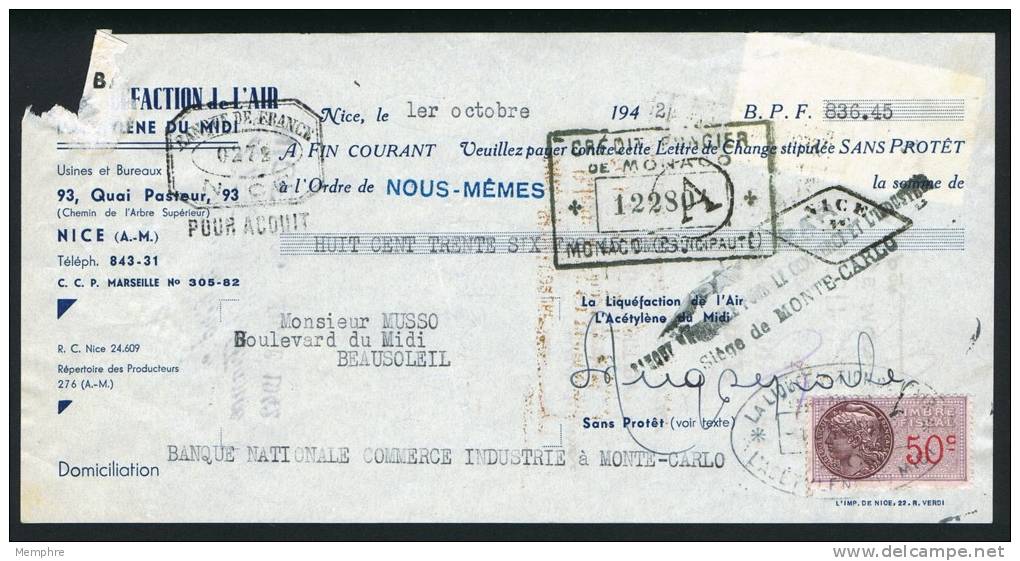 1942 Lettre De Change Timbre Fiscal 50 C  - Au Recto Timbre Fiscal Français 50 C - Fiscaux