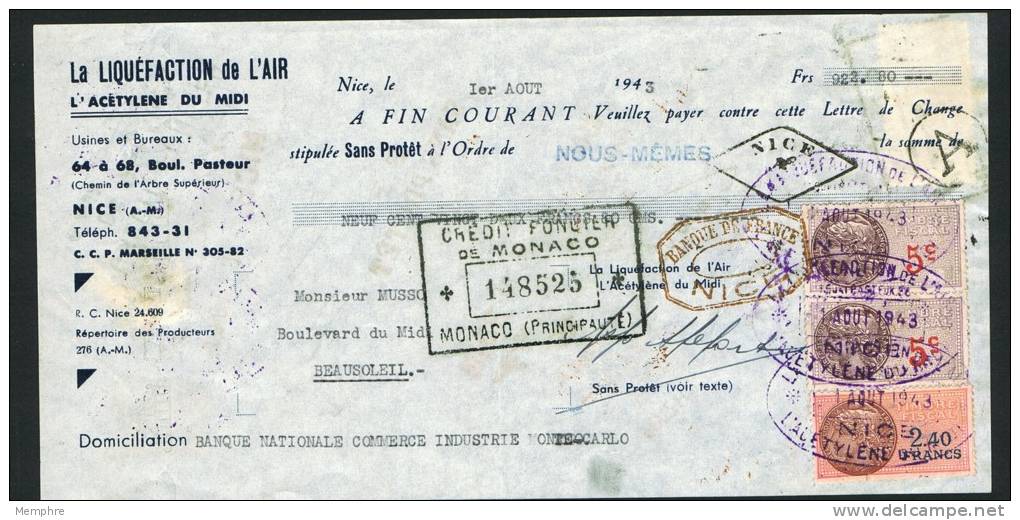 1943  Lettre De Change Timbre Effets   50 C.   - Au Recto Timbres Fiscaux Français 5c X 2 Et 2,40 Fr - Steuermarken