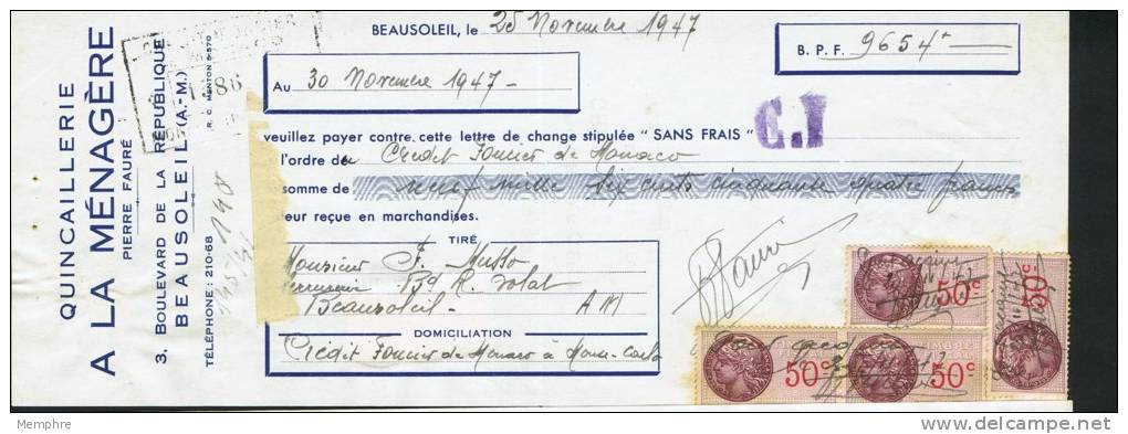 1947 Lettre De Change  Timbre Effets 5 Fr -- Au Recto  4 Timbres Fiscaux Français De 50 C. - Steuermarken