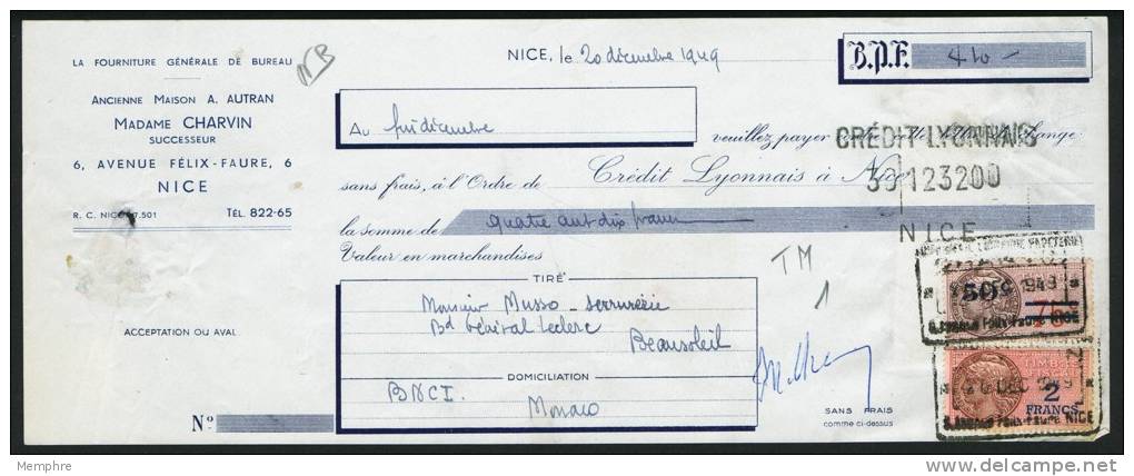 1949  Lettre De Change Timbre Effets   50 C. X 2  - Au Recto Timbres Fiscaux Français 50 C Sur 75 C Et 2 Fr - Steuermarken