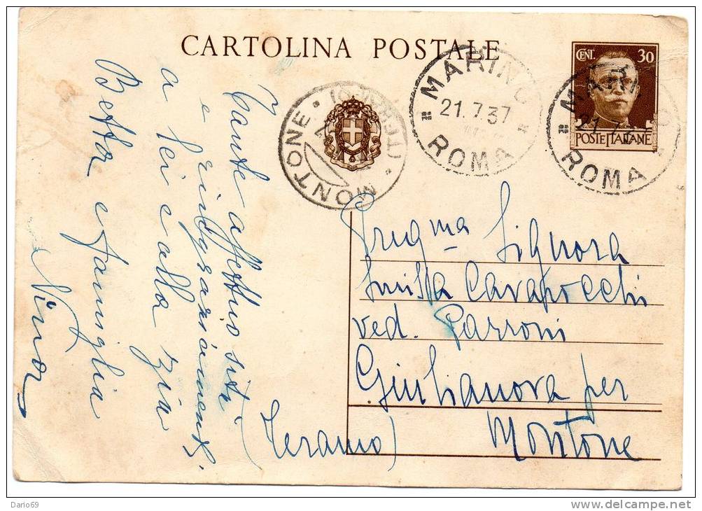 1937 CARTOLINA CON ANNULLO MARINO ROMA + MONTONE TERAMO - Storia Postale