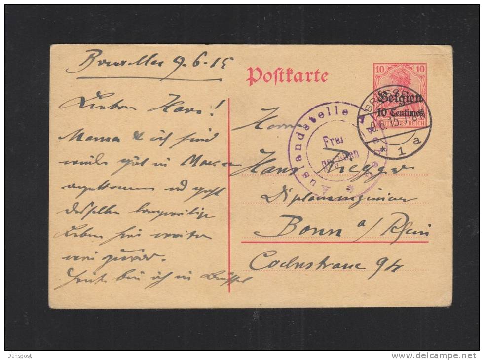 Besetzung Postkarte Brüssel 1915 Zensur  Aachen - Deutsche Armee
