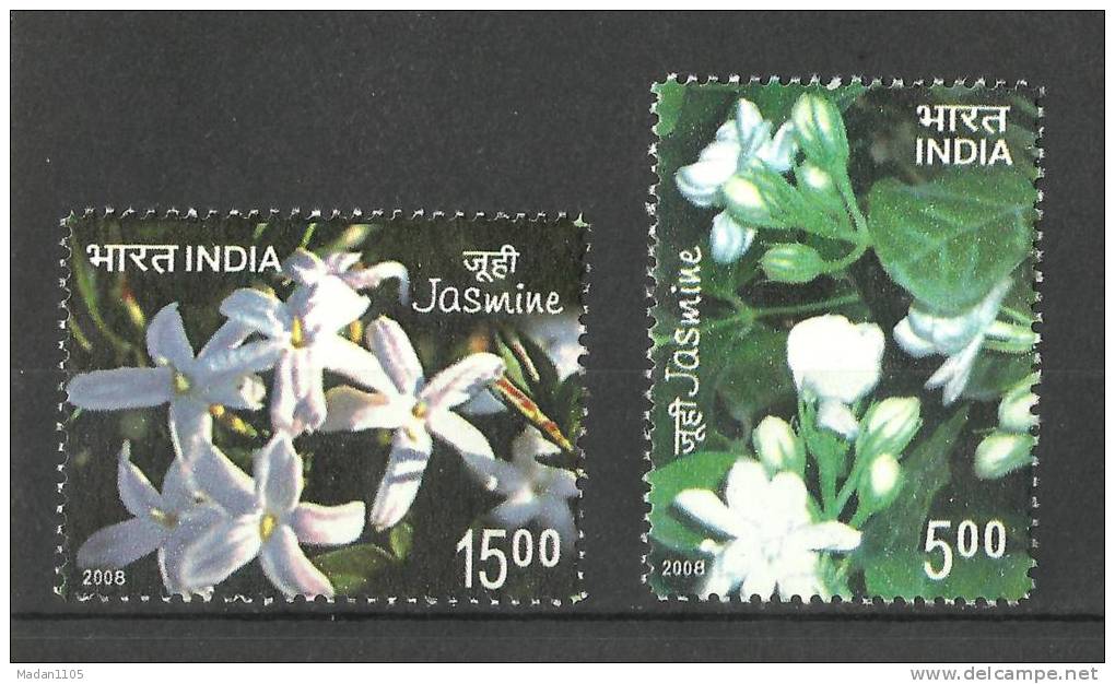 INDIA, 2008,Jasmine, Set 2 V,  Scented Stamps, Flower, Flowers, Plants, Orchids,  MNH, (**) - Nuovi