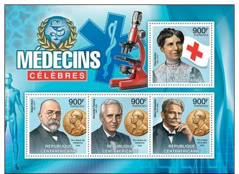 Ca12308a Central African 2012 Famous Doctors S/s Red Cross Nobel Prize Sanke C.Barton R.Koch A.Fleming A.Scwwitzer - Albert Schweitzer