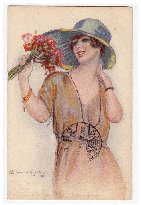 ILLUSTRATORS S. BOMPARD WOMAN LADY HAT FLOWERS Nr. 506/6 OLD POSTCARD 1925. - Bompard, S.