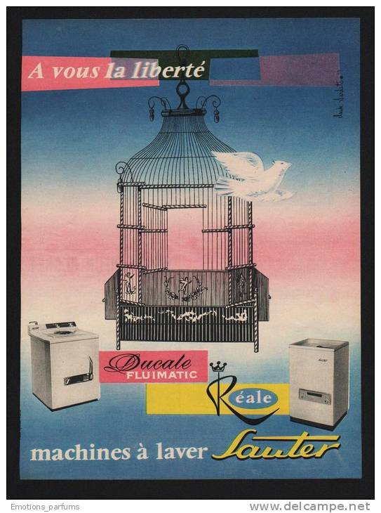 Pub Papier 1958 Electromenager Machine A Laver SAUTER Dessin Oiseau Cage Colombe - Werbung