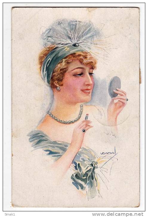 ILLUSTRATORS USABAL LADY MIRROR MAKEUP PEARLS ERKAL Nr. 304/6 OLD POSTCARD 1919. - Usabal