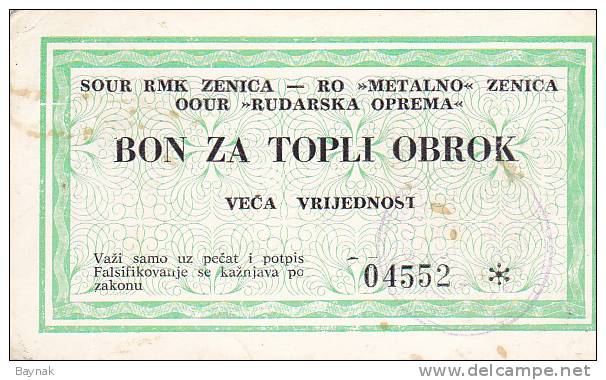 BOSNIEN  -  BON ZA TOPLI OBROK  --  VECA VRIJEDNOST  --  RMK ZENICA - Bosnia Erzegovina