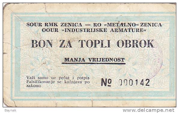 BOSNIEN  -  BON ZA TOPLI OBROK  --  MANJA  VRIJEDNOST  --  RMK ZENICA - Bosnia Y Herzegovina