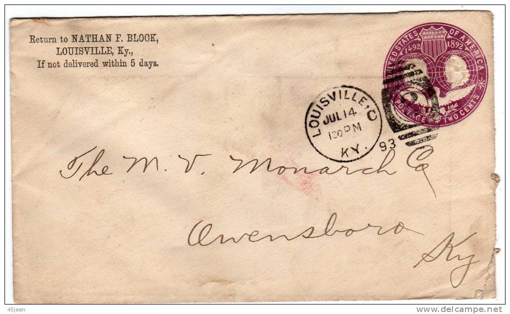 U.S.A: 1893 Entier Postal 2 C   Voyagé De Louisville  Vers Owensborough Cachet D'arrivée Au Dos - ...-1900