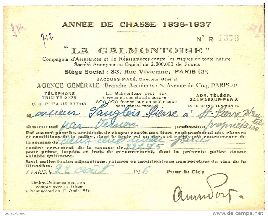 Carte D´assurance De Chasse/La Galmontoise/Saint Pierre D´Autils/Eure/ 1936- 37     VP513 - Materiaal En Toebehoren
