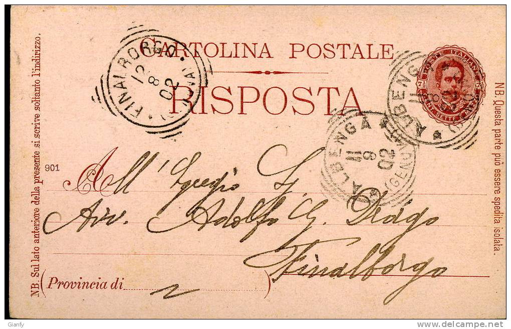 INTERO REGNO OVALE UMBERTO I 7,5+7,5 C MIL 90 RISPOSTA VG 1902 ALBENGAxFINALBORG - Stamped Stationery