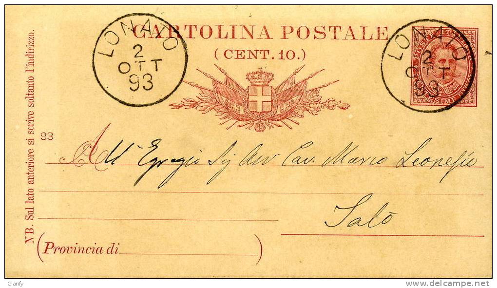 INTERO REGNO UMBERTO I 10 C. BIGOLA MILL 93 VG 1893 LOANO X SALO' - Entiers Postaux