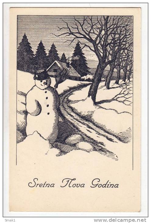 NEW YEAR SNOWMAN BY THE ROAD OLD POSTCARD - New Year