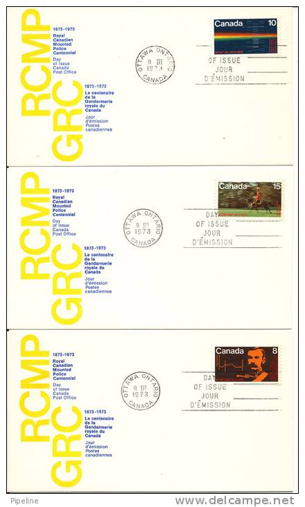 Canada FDC 9-3-1973 Complete Set Of 3 ROYAL CANADIAN MOUNTED POLICE CENTENNIAL On 3 Covers With Cachet - 1971-1980