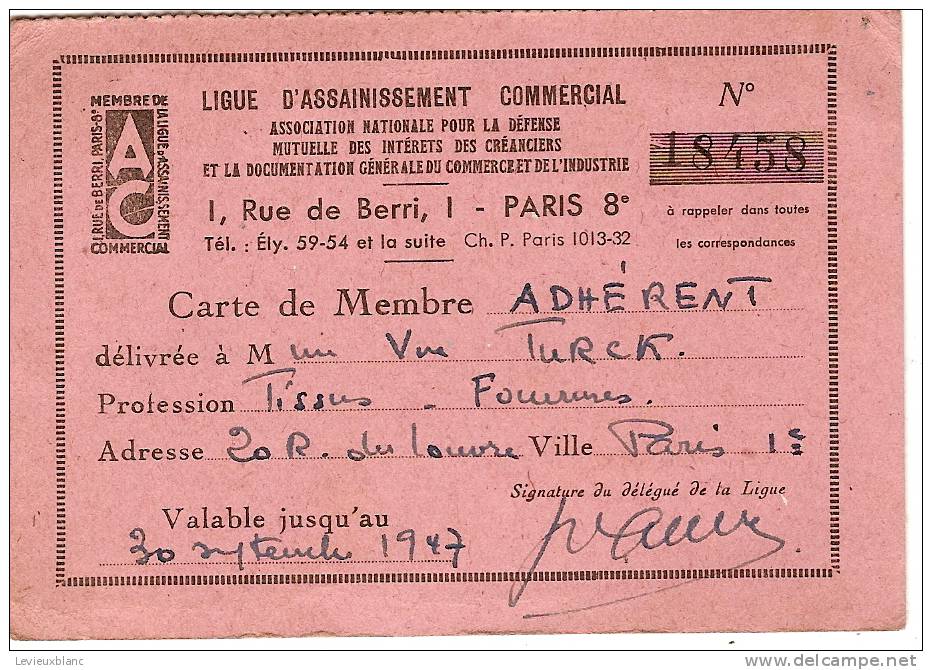 Carte De Membre Adhérent/ Ligue D'assainissement Commercial/Paris/1947  VP519 - Material Und Zubehör