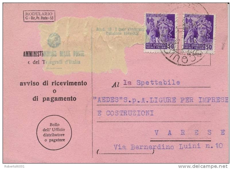 RSI 31/1/1945 Avviso Di Ricevimento Da Cocquio (Varese) Per Varese Affrancato Con 2 X 50 Cent. Monumenti Distrutti - Marcophilia