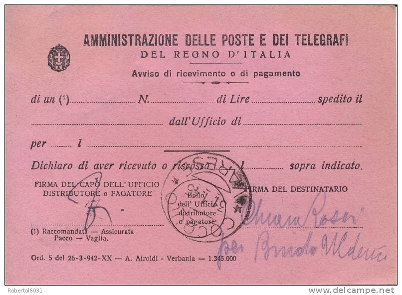 RSI 31/1/1945 Avviso Di Ricevimento Da Cocquio (Varese) Per Varese Affrancato Con 2 X 50 Cent. Monumenti Distrutti - Marcophilia