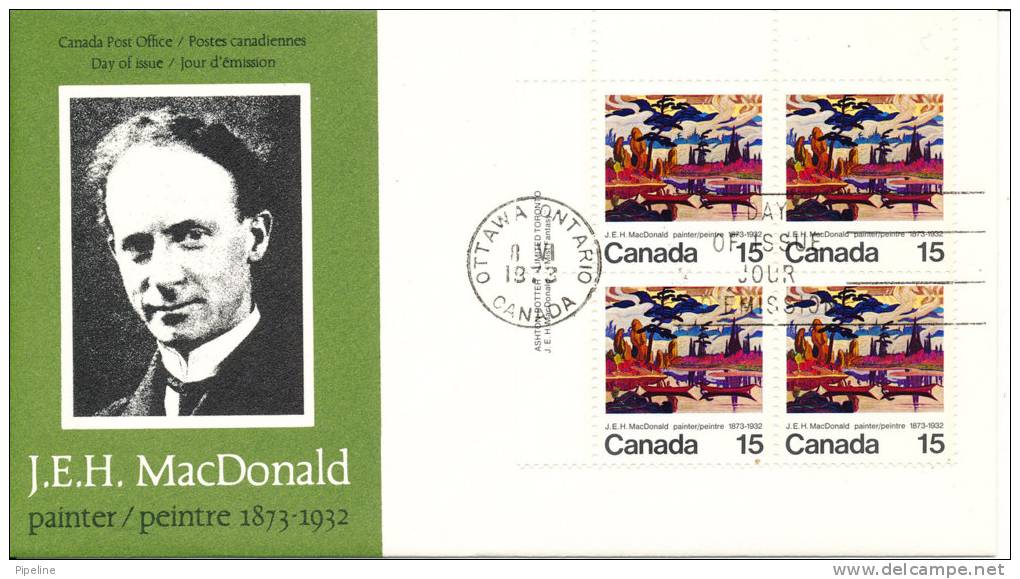 Canada FDC 8-6-1973 In Block Of 4 Painter J. E. H. MacDonald With Cachet - 1971-1980