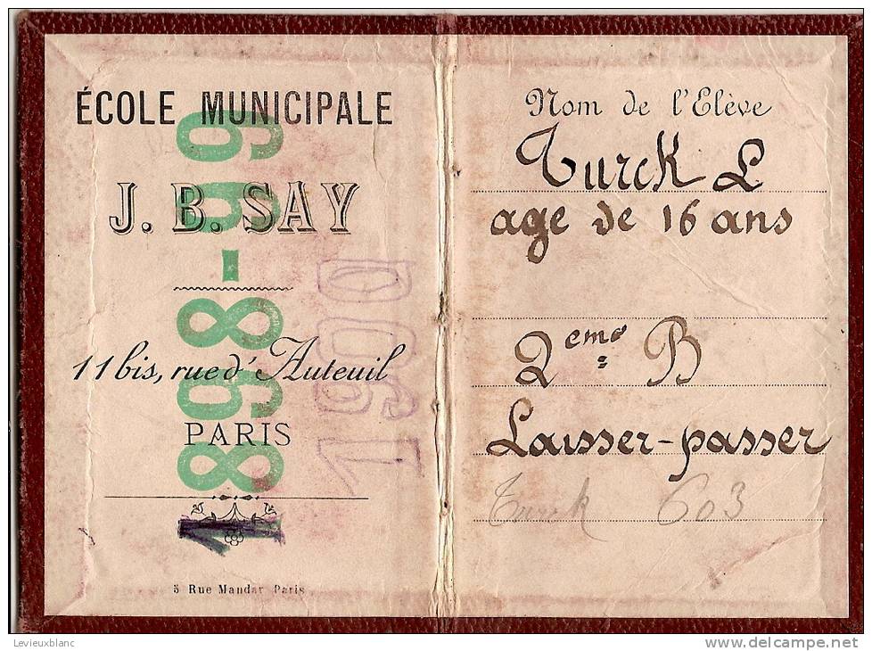 Carte D´Ecolier/Laisser-passer/Ecole Municipale JB SAY/Paris /1898-99         VP522 - Supplies And Equipment