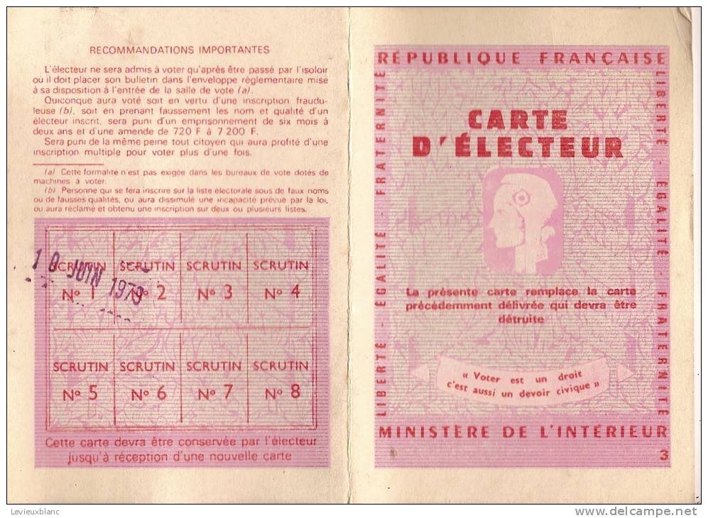 Carte D'Electeur/Ministére De L'Intérieur/Paris 1er Arrondissement/ 1979  VP526 - Materiale E Accessori