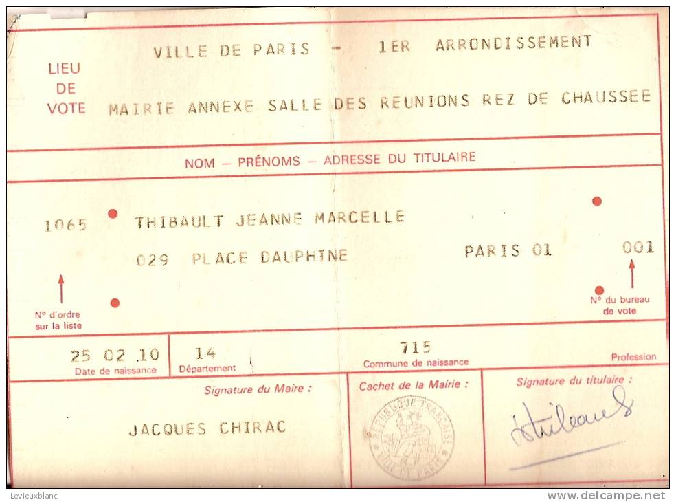 Carte D'Electeur/Ministére De L'Intérieur/Paris 1er Arrondissement/ 1979  VP526 - Materiaal En Toebehoren