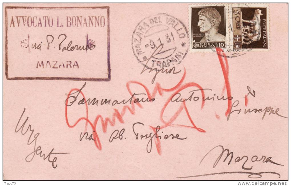 MAZARA  9.1.1931 / Cartolina Pubblicitaria  " Avvocato BONANNO Leonardo "  Viaggiata - Mazara Del Vallo